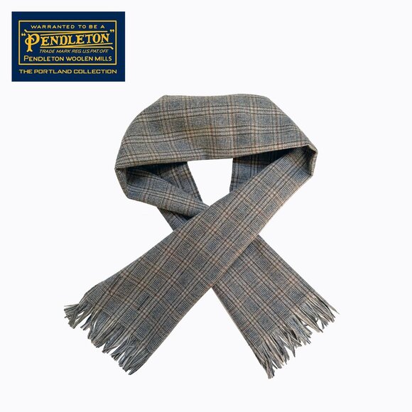Pendleton Vintage Neutral Plaid Virgin Wool Fringe Muffler Scarf Unisex Retro - Picture 6 of 6